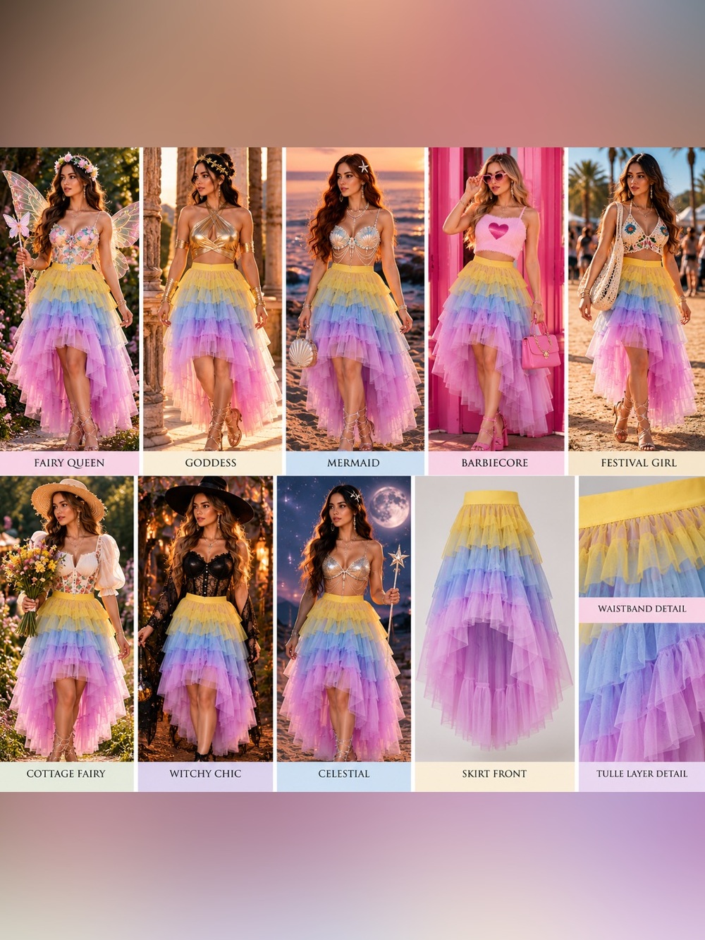 Tiered Rainbow Tulle High-Low Skirt - Yellow, Blue & Purple